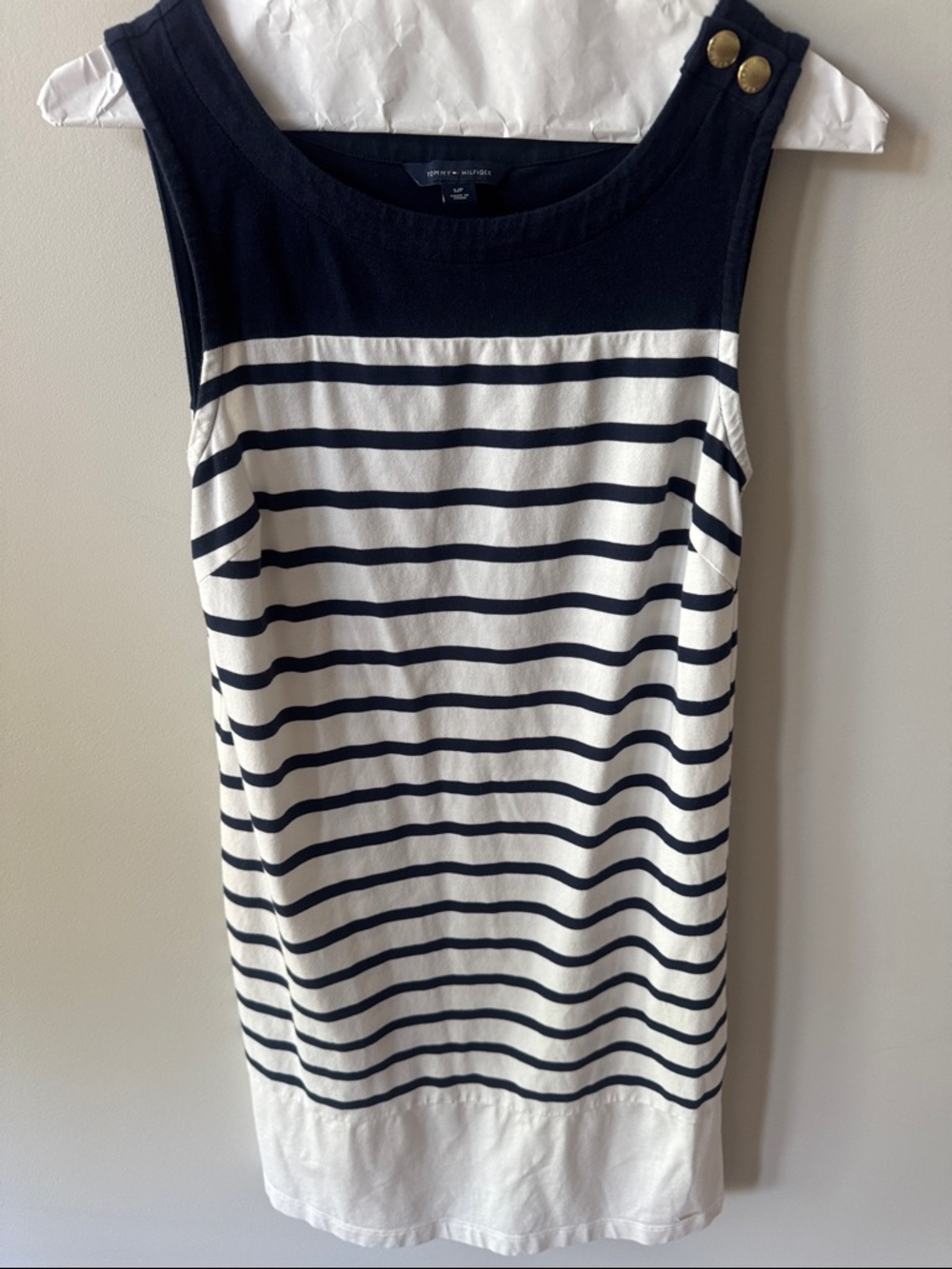 Nautica Navy and White Striped Sleeveless Boatneck Dress with Gold Buttons